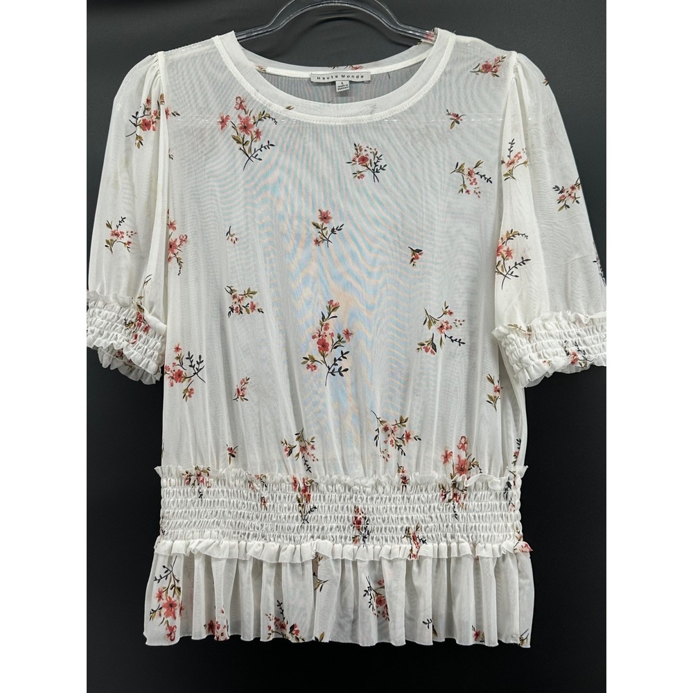 Haute Monde Sheer Floral Smocked Peplum Blouse – Cottagecore Romantic Top Size L